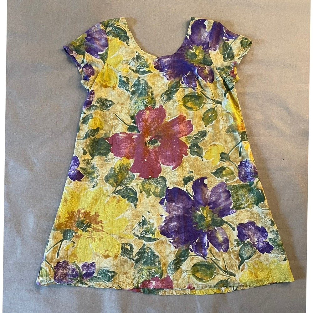 Vintage Jams World Mini Dress Sz M Yellow Floral Tropical Lace Up Corset Back